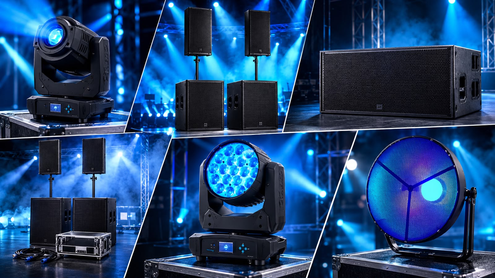 Moving Heads, Lautsprecher auf Stativen, Subwoofer und Effektscheinwerfer
